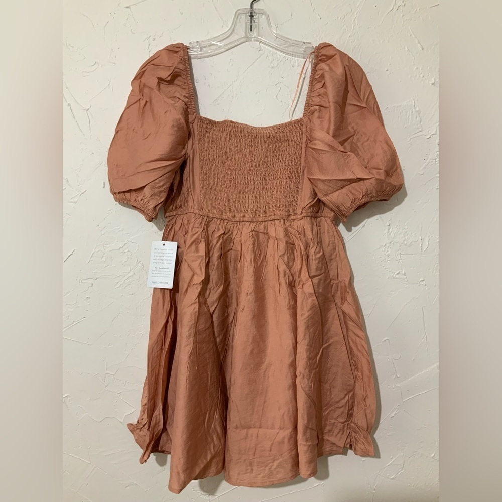 NWT Blu Pepper Peachy Brown Puff Sleeve Pleated Bodice Mini Dress Sz Large - Picture 7 of 9